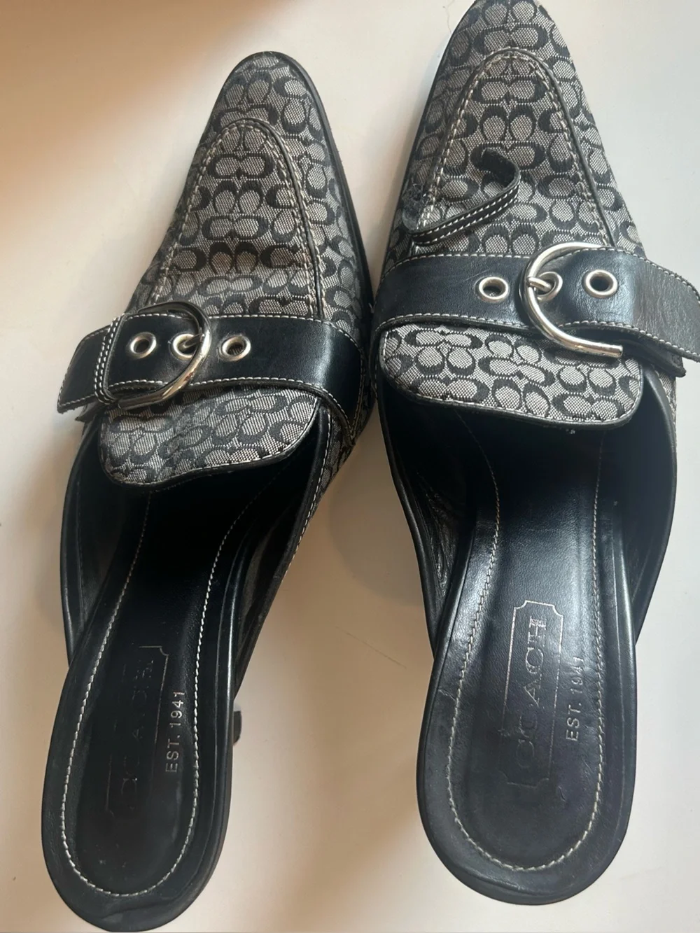 Vintage Coach Monogram Mules Pointed Toe Kitten Heel Buckle Clasp Black Gray Y2K